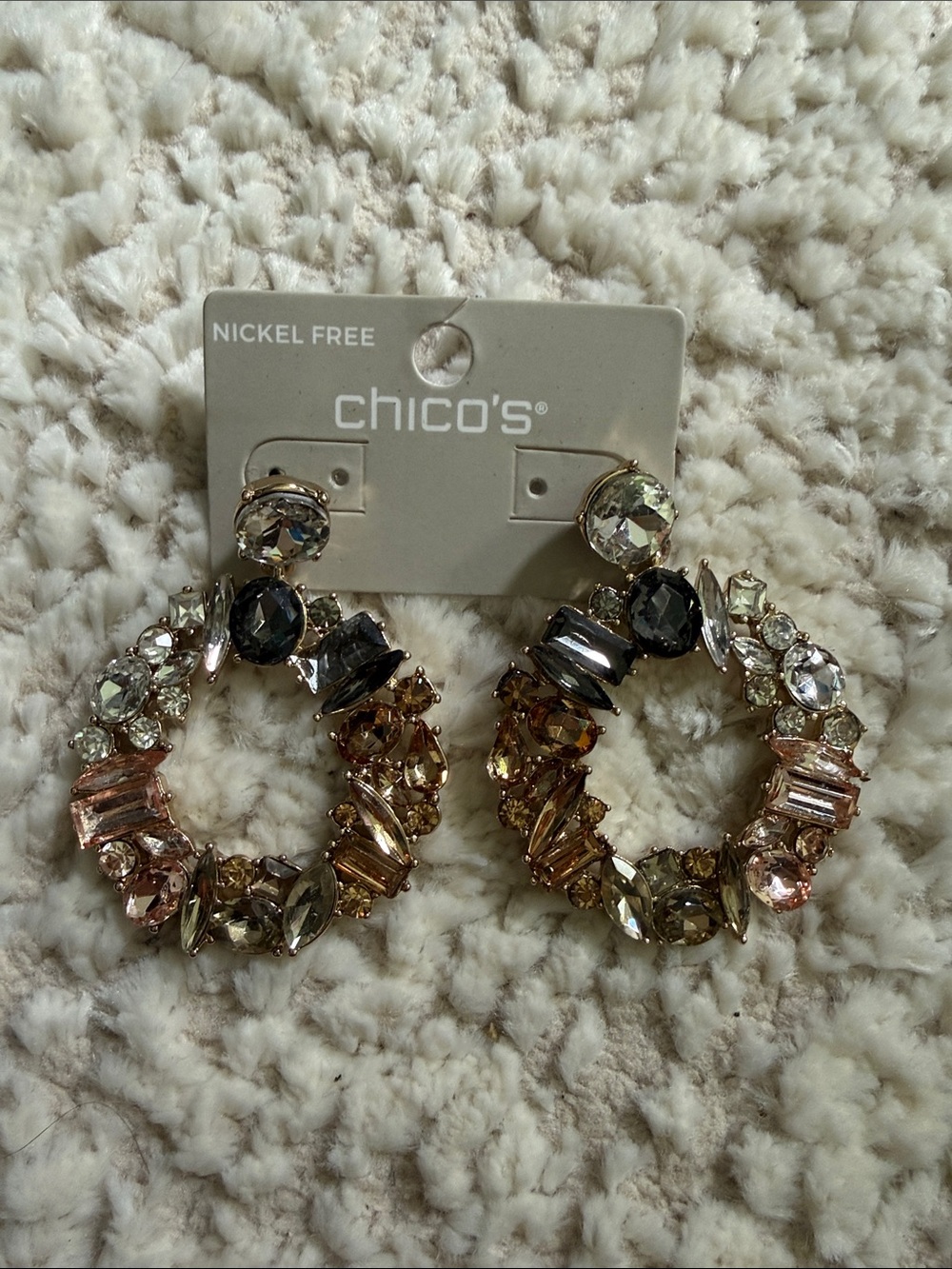 Chico's Crystal Hoop Earrings in Gold, Pink, Champagne